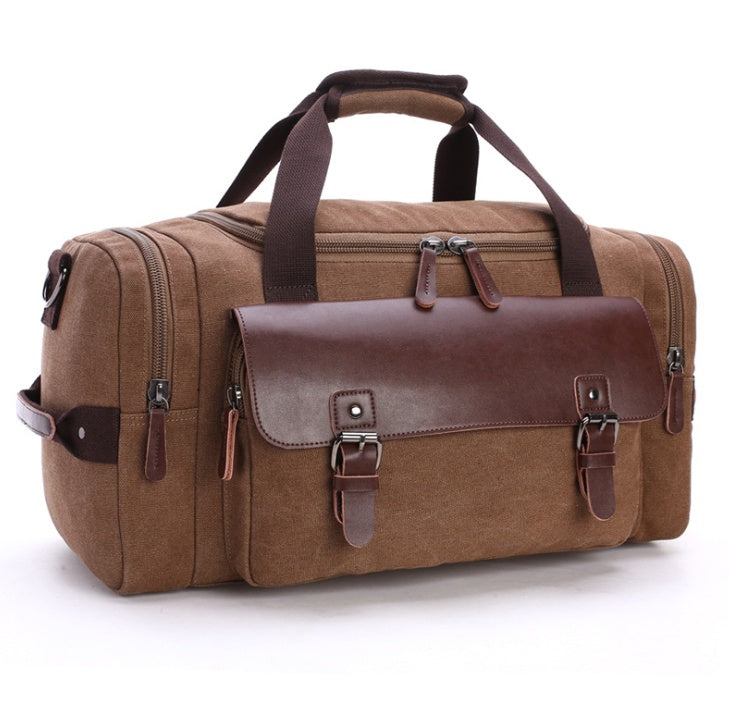 Feldacks CanvasFlex duffel bag in brown canvas with leather accents and multiple zipper compartments