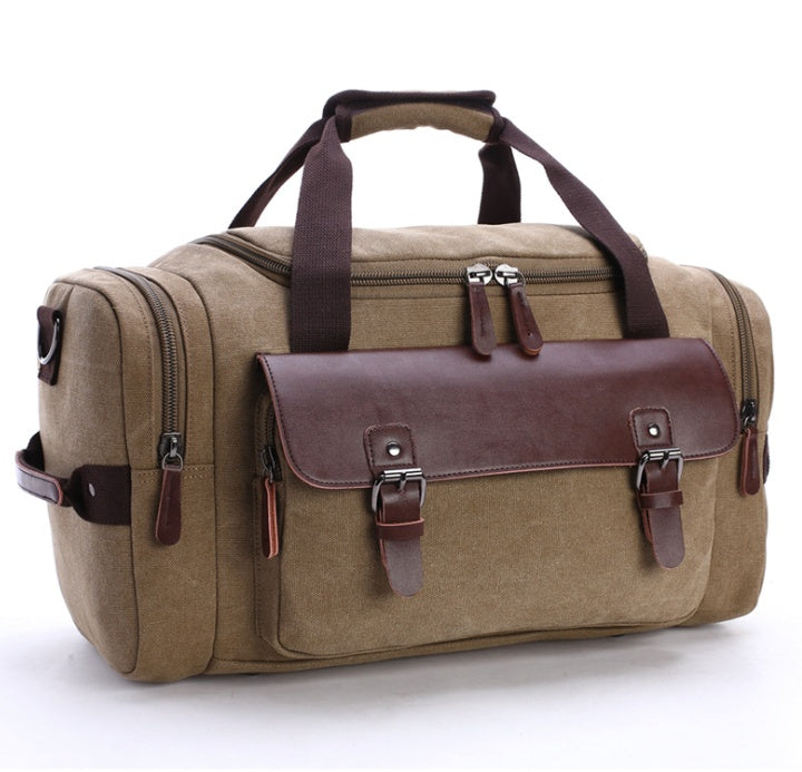 Feldacks CanvasFlex duffel bag in brown canvas with leather accents and multiple zippered compartments