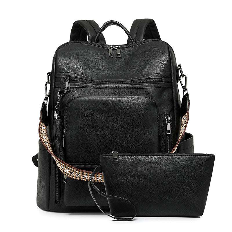 Feldacks black contrast color fashion backpack with front zipper pockets and a matching pouch