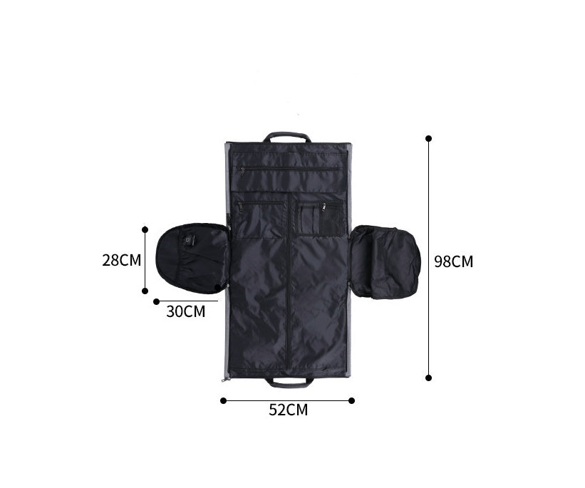 Feldacks black foldable duffel bag for travel with multiple compartments and dimensions shown