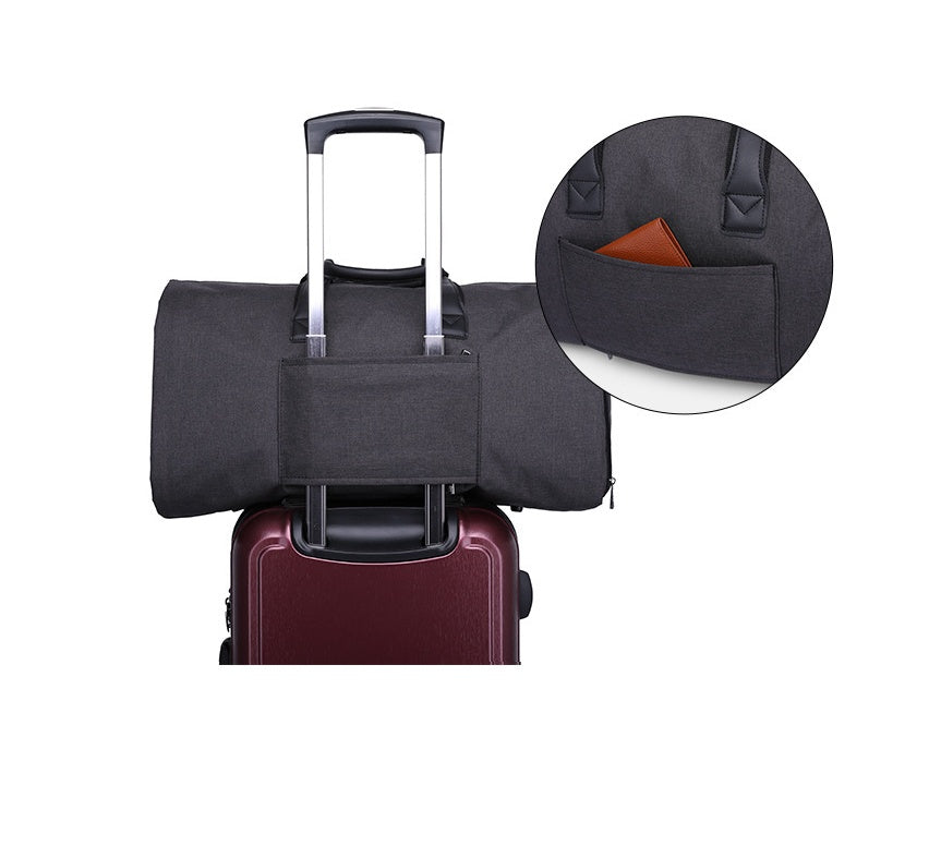 Feldacks foldable duffel bag for travel attached to suitcase handle in black with side pocket