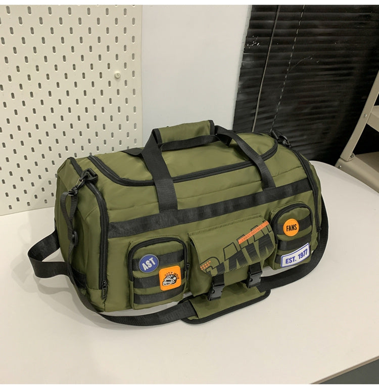 Feldacks olive green outdoor sports fitness duffel bag with multiple pockets and black straps