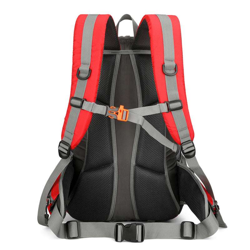Feldacks mountaineering backpack for men with padded straps and breathable back support in red and gray