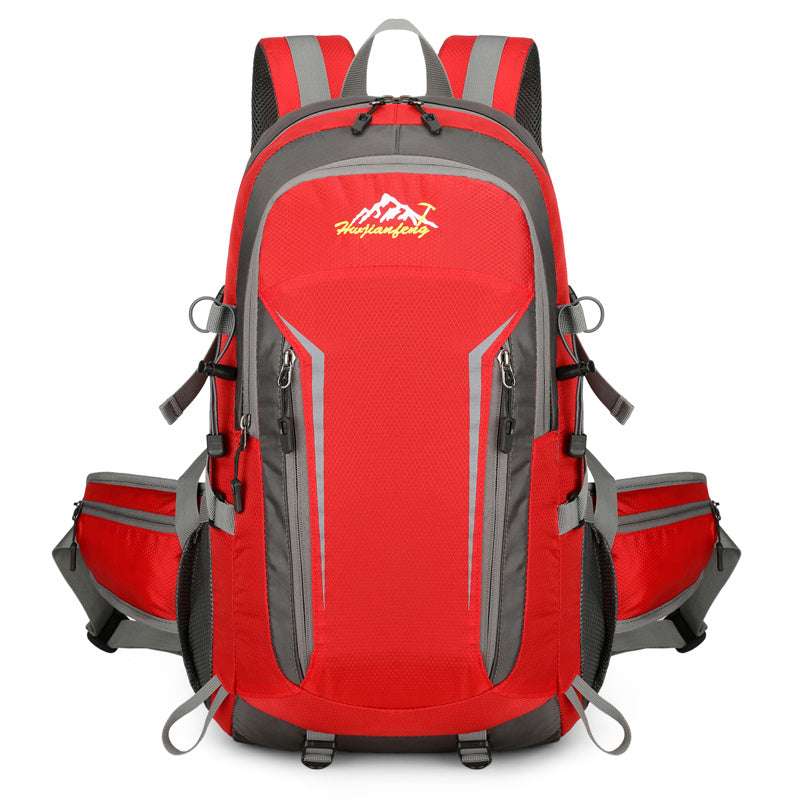 Feldacks red and gray mountaineering backpack for men with multiple compartments and padded shoulder straps