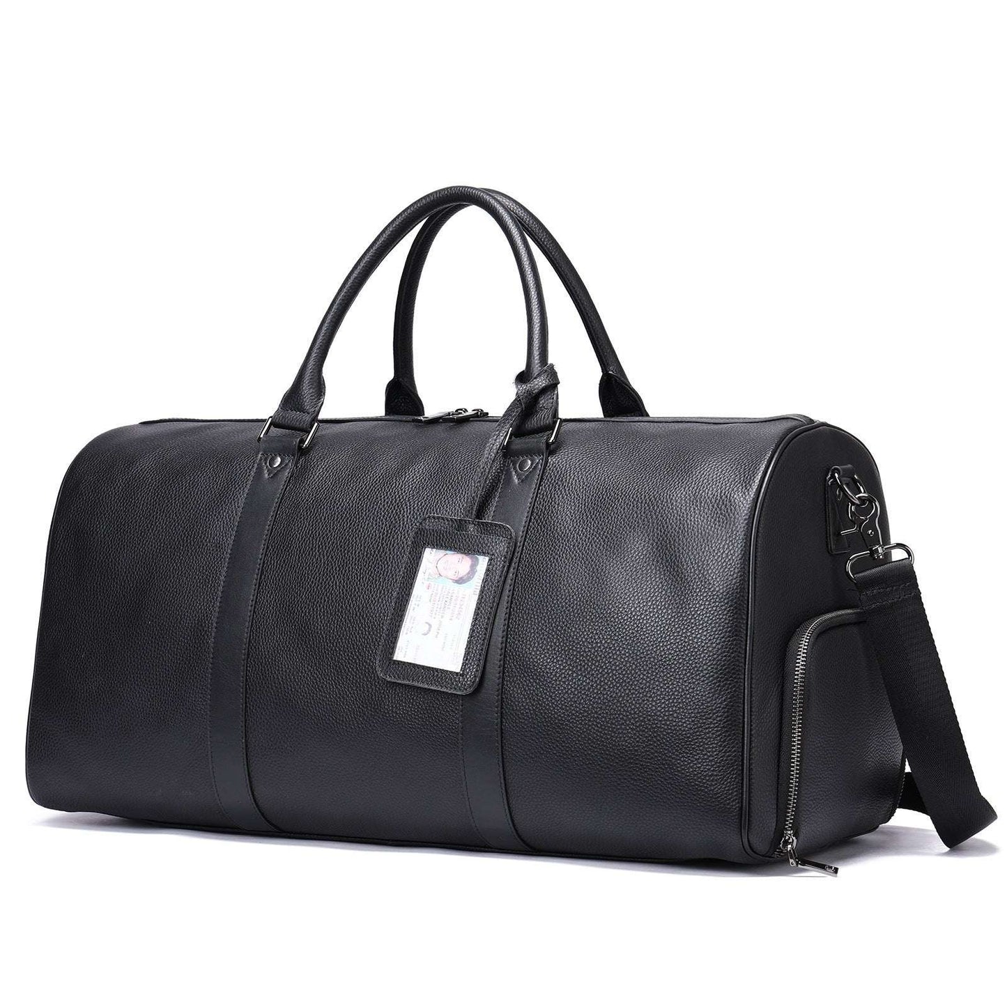 Feldacks luxury leather duffel bag for men in black with sturdy handles and removable shoulder strap