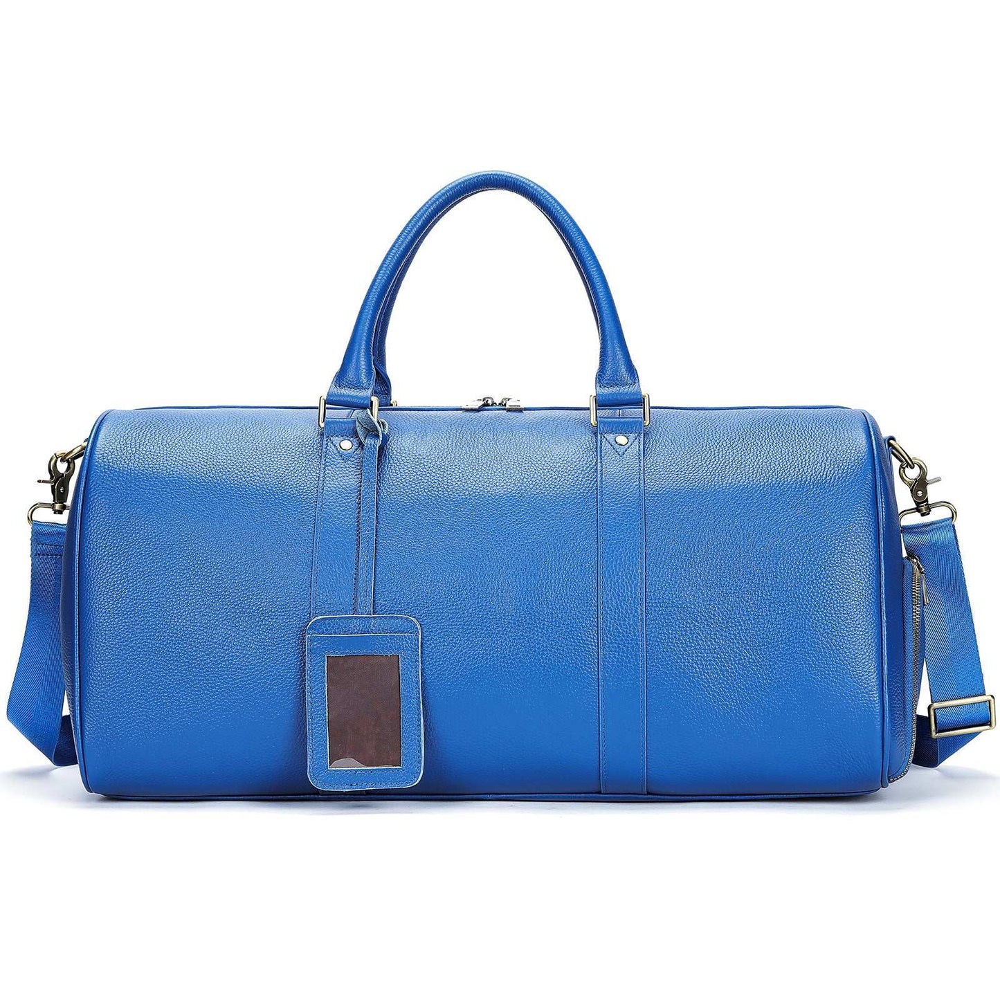 Feldacks luxury leather duffel bag for men in vibrant blue with top handles and adjustable shoulder strap