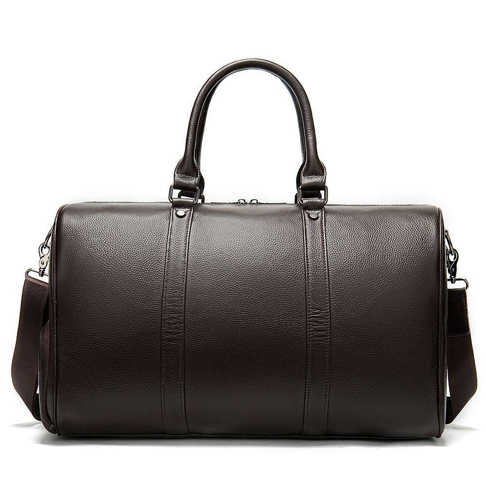Feldacks luxury leather duffel bag for men in dark brown with dual handles and detachable shoulder strap