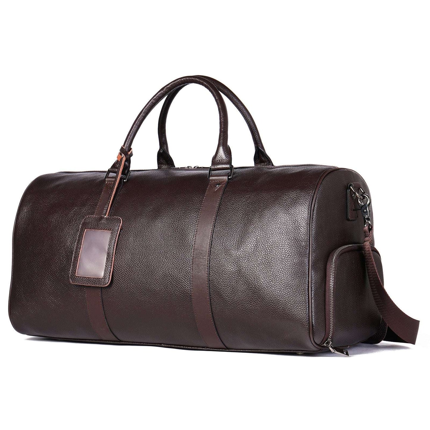 Feldacks luxury leather duffel bag for men in dark brown with dual handles and a detachable shoulder strap
