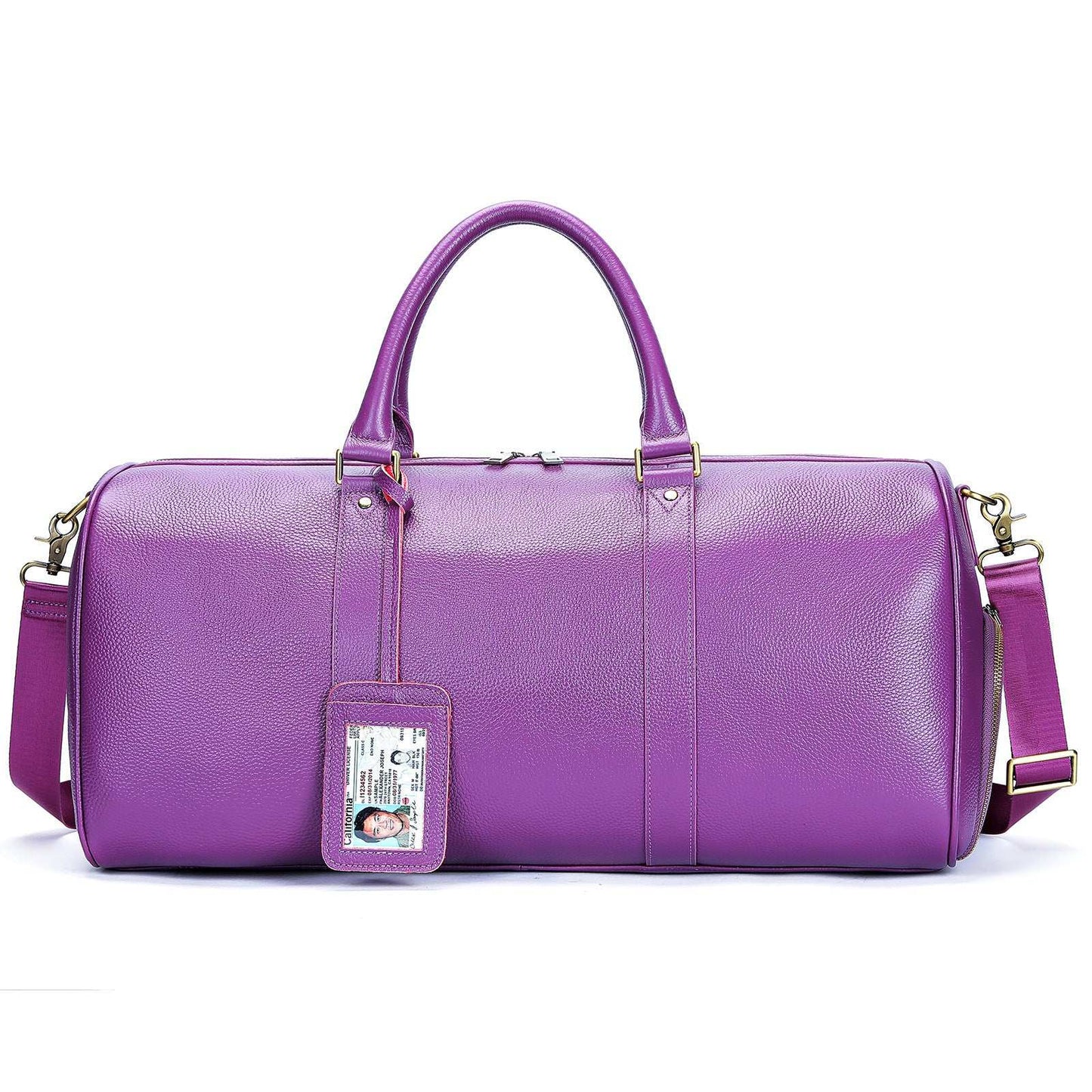 Feldacks luxury leather duffel bag for men in vibrant purple with detachable shoulder strap and ID tag