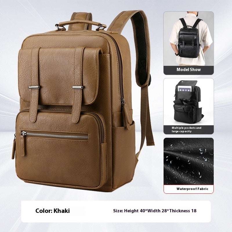 Feldacks mens leather travel backpack in khaki with multiple pockets and waterproof fabric