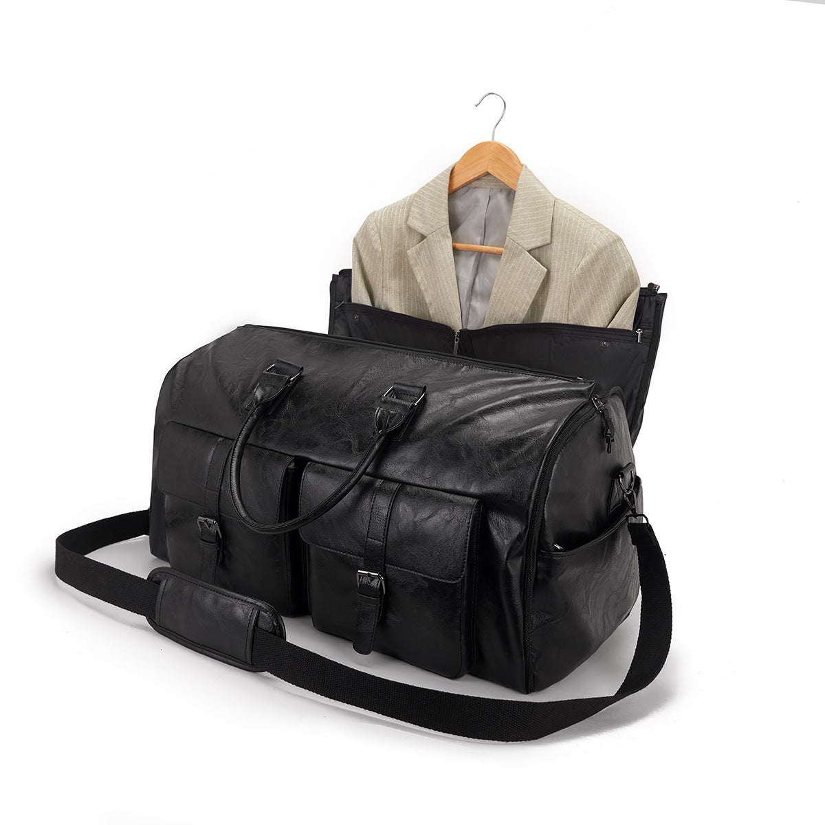 Feldacks black leather men's suit travel bag carry on with handle and shoulder strap
