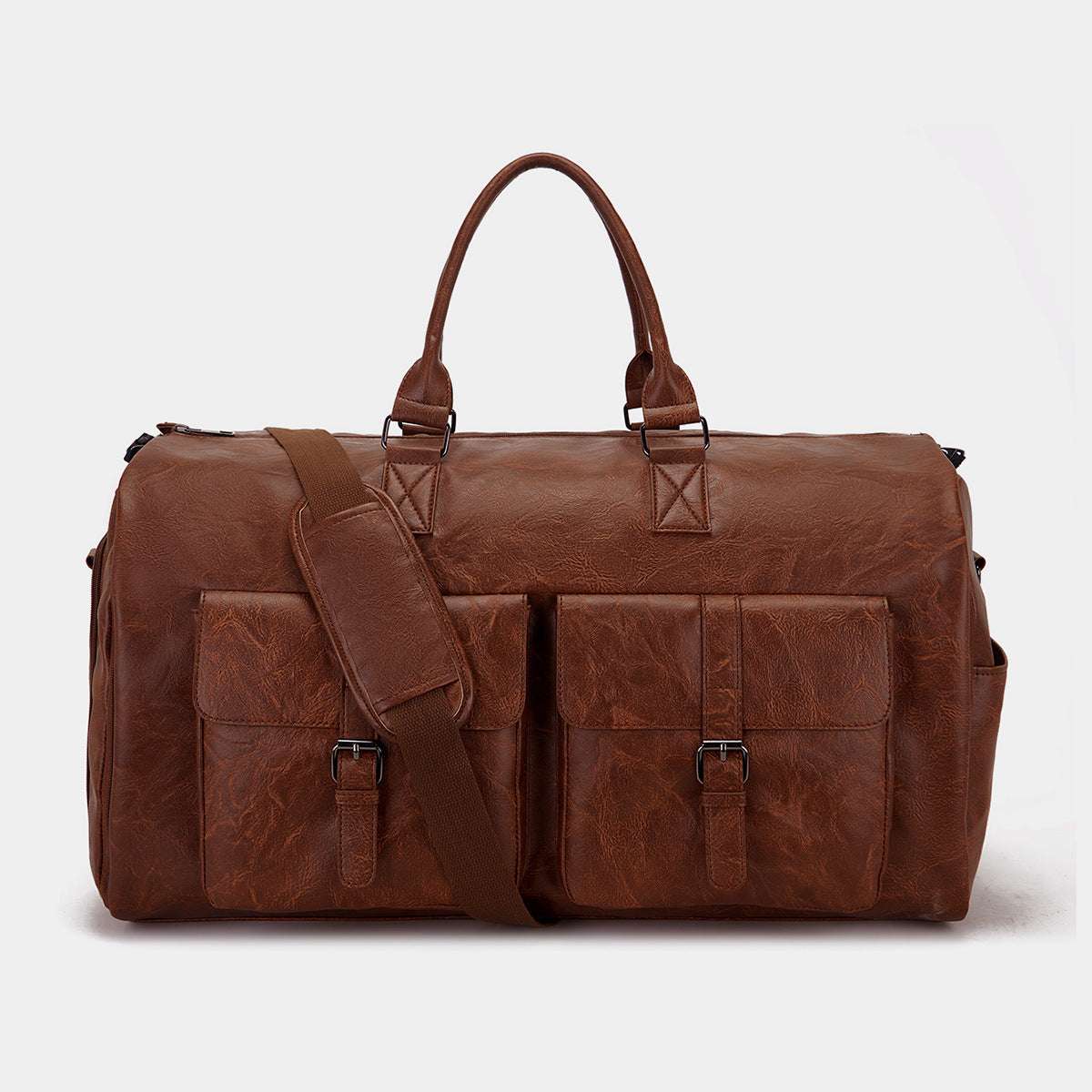 Feldacks brown leather men's suit travel bag carry on with dual front pockets and shoulder strap