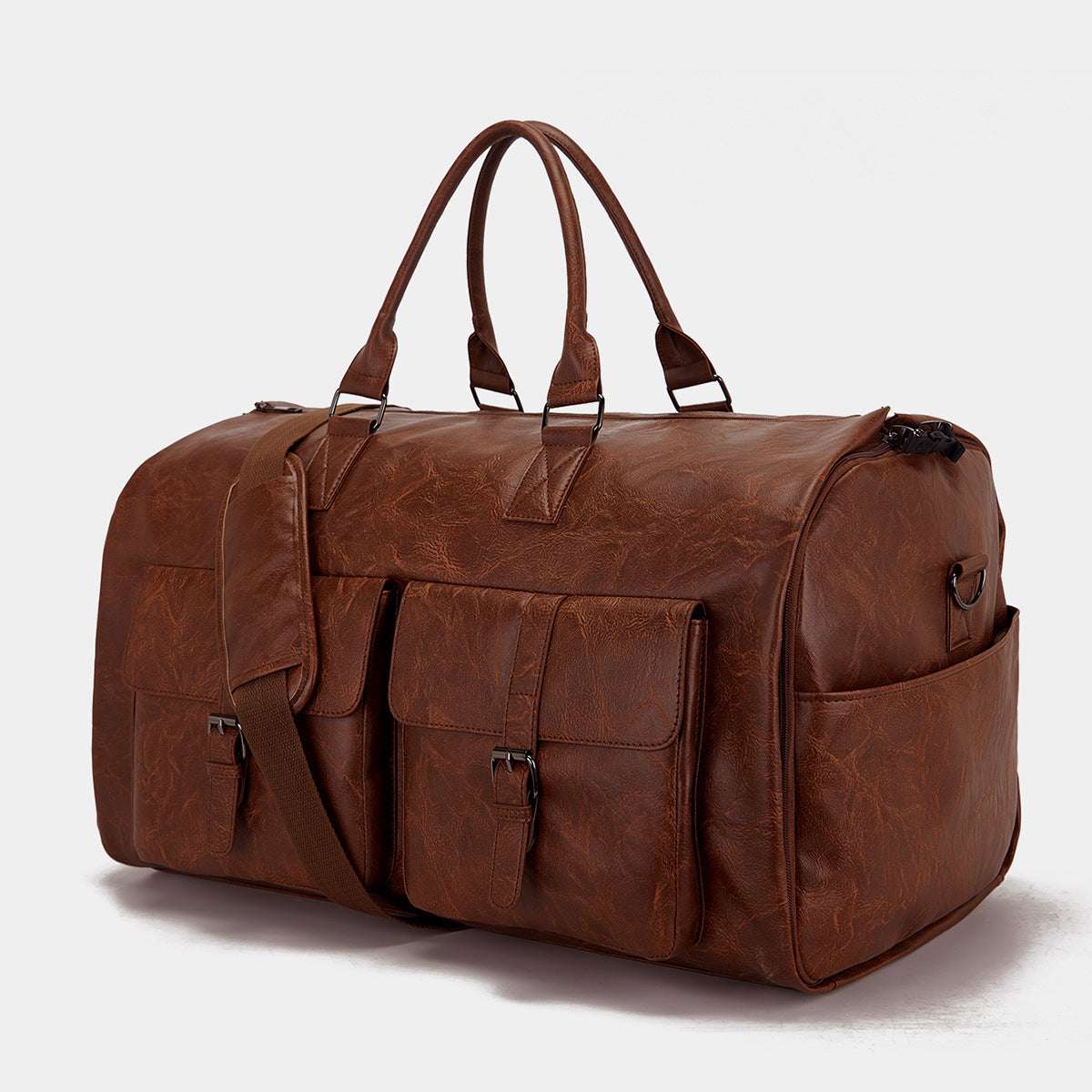 Feldacks brown leather men's suit travel bag carry on with multiple pockets and dual handles