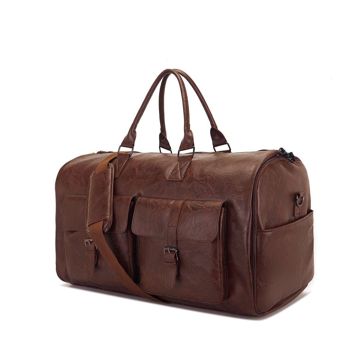 Feldacks brown leather men's suit travel bag carry on with dual handles and front buckle pockets