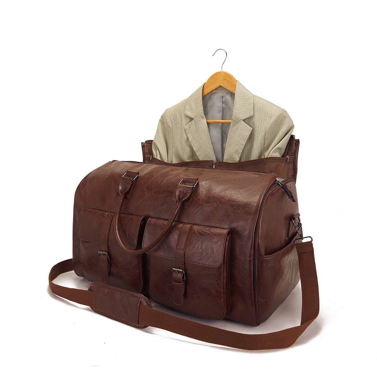 Feldacks brown leather men's suit travel bag carry on with front pockets and shoulder strap