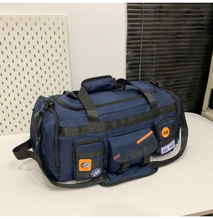 Feldacks navy blue outdoor sports fitness duffel bag with multiple pockets and adjustable straps