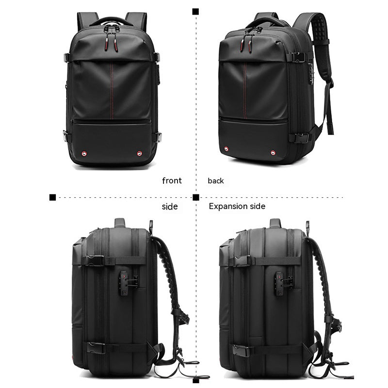 Feldacks carry-on backpack for frequent flyers shown from front, back, side, and expansion views in black