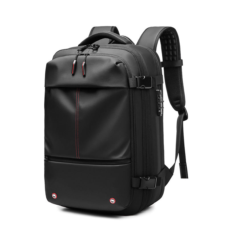 Feldacks black carry-on backpack for frequent flyers with multiple compartments and padded straps