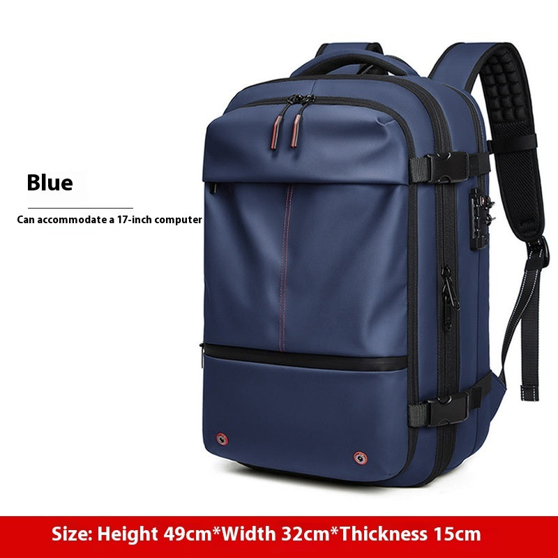 Blue Feldacks carry-on backpack for frequent flyers with padded straps and multiple compartments