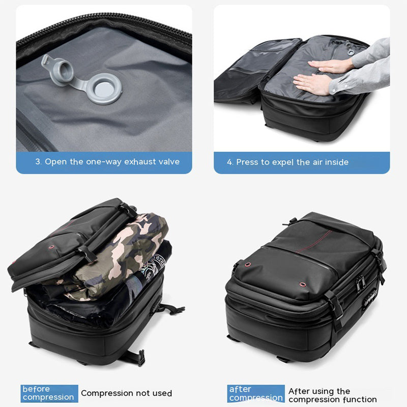 Feldacks carry-on backpack for frequent flyers showing one-way exhaust valve and compression function to save space
