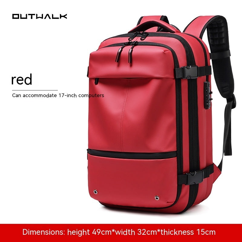 Red carry-on backpack for frequent flyers by Feldacks with padded straps and multiple compartments
