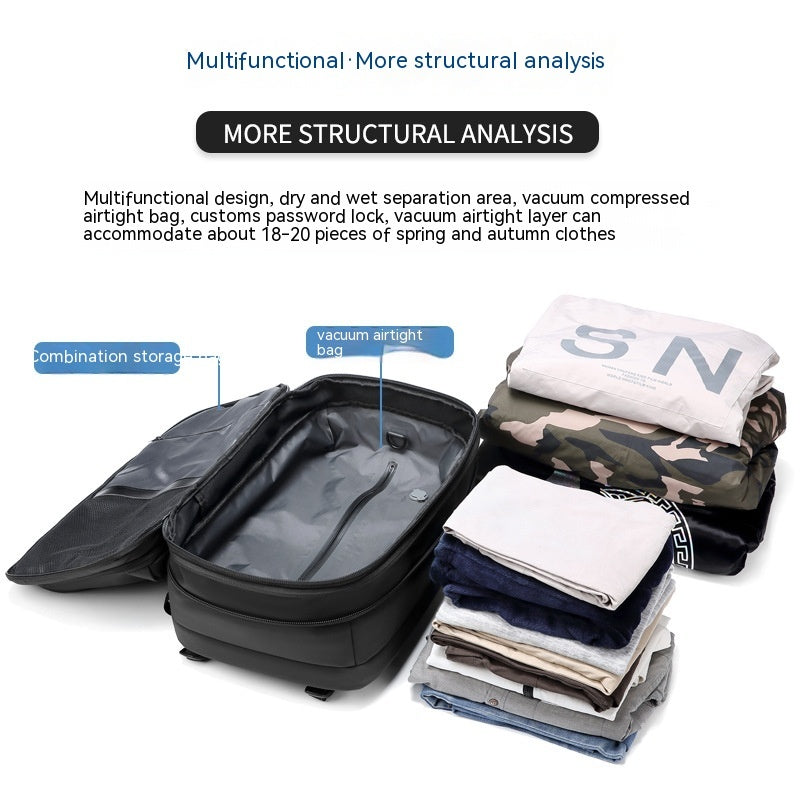 Feldacks carry-on backpack for frequent flyers with vacuum airtight bag and combination storage for organized packing