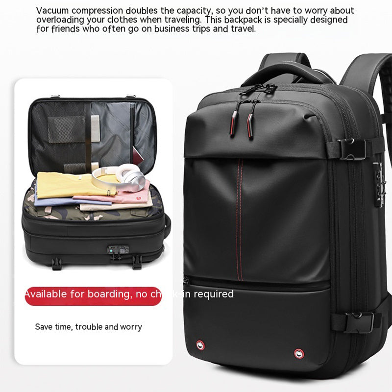 Feldacks black carry-on backpack for frequent flyers with expandable vacuum compression and secure zipper compartments