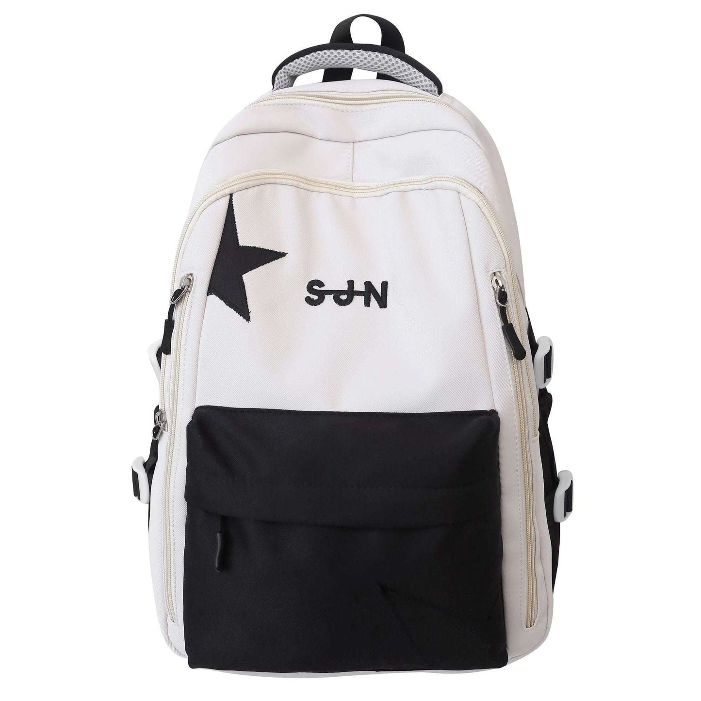 Feldacks pastel aesthetic school backpack in white with black star and front pocket