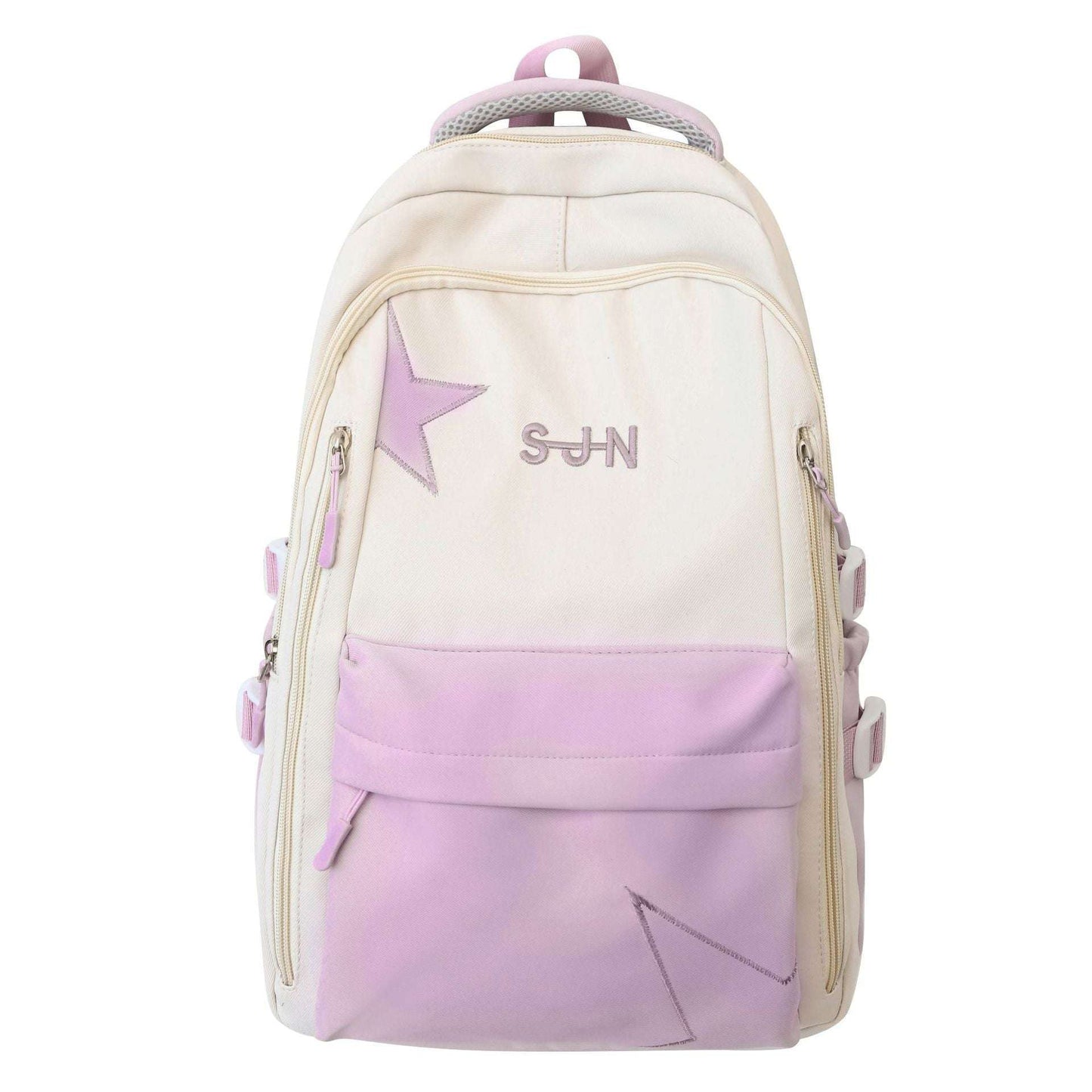 Feldacks pastel aesthetic school backpack in cream and lavender with star and zipper pockets