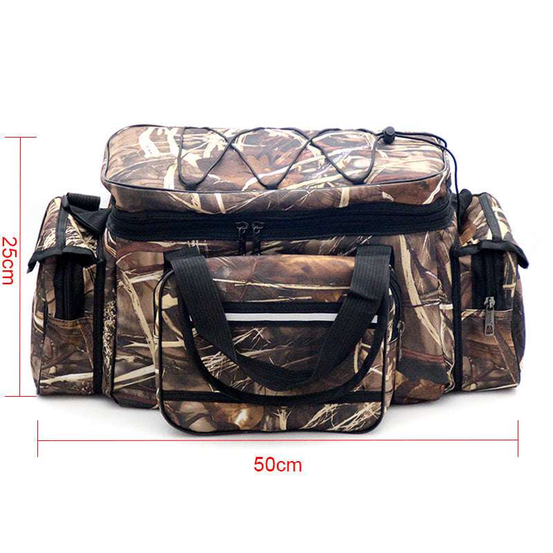 ProTrek angler bag with high capacity in camo print with multiple zippered compartments and sturdy handles