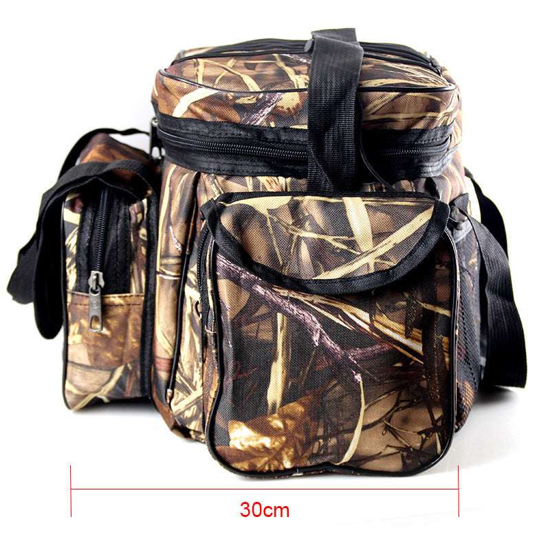 ProTrek angler bag with high capacity featuring multiple zippered compartments and camouflage design