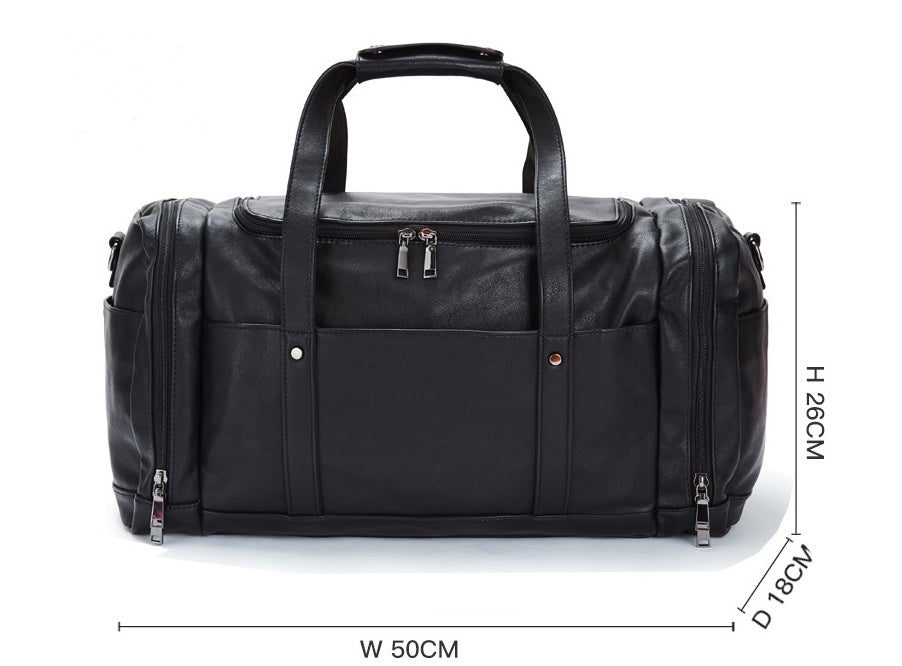 Feldacks black urban style PU leather weekend bag with multiple compartments and sturdy handles