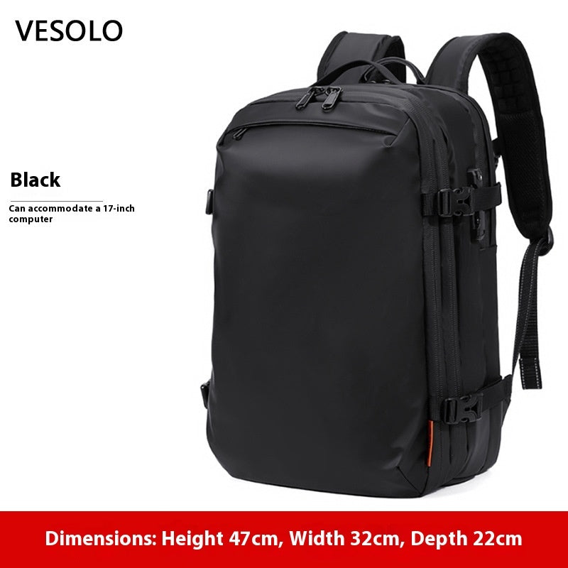 Feldacks black travel backpack with USB charging port and 17-inch laptop compartment