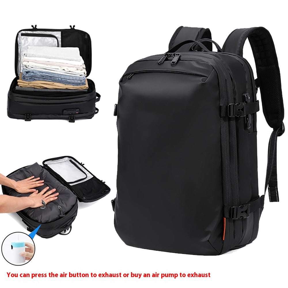 Feldacks black travel backpack with USB charging port featuring multiple compartments and compression straps