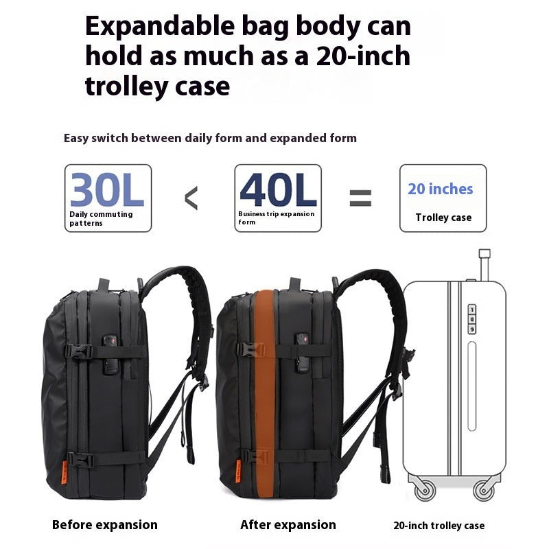 Feldacks travel backpack with USB charging port shown before and after expansion comparing size to 20 inch trolley case
