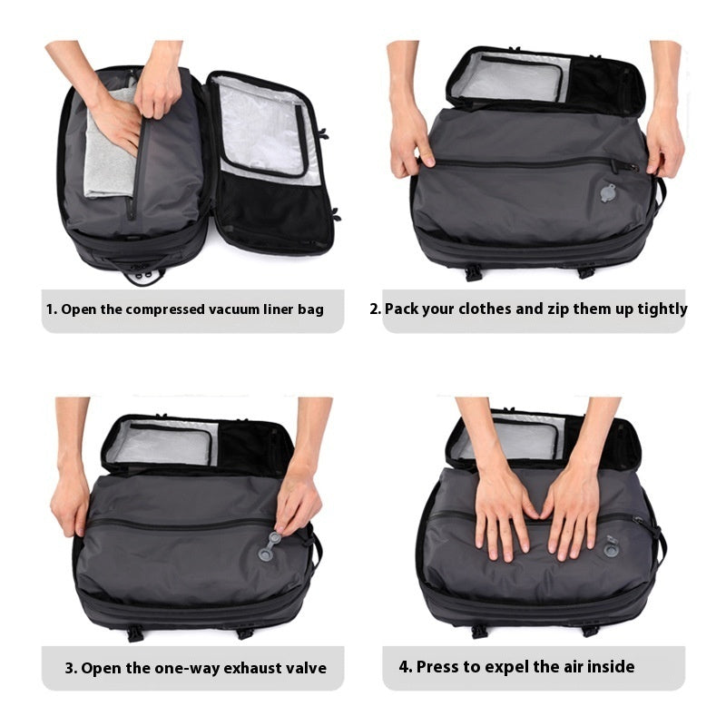 Feldacks travel backpack with USB charging port showing step by step use of vacuum compression packing system