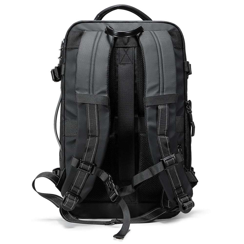 Feldacks AirPack carry on backpack in black shown from back with padded straps and handle