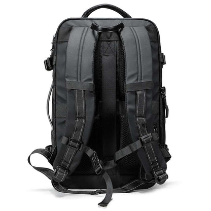 Feldacks AirPack carry on backpack in black shown from back with padded straps and handle