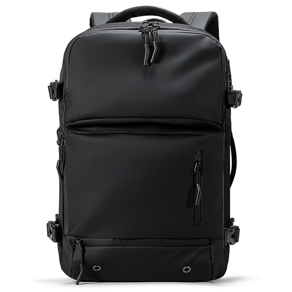 Feldacks AirPack carry on backpack in black with multiple zippered compartments and sturdy handle