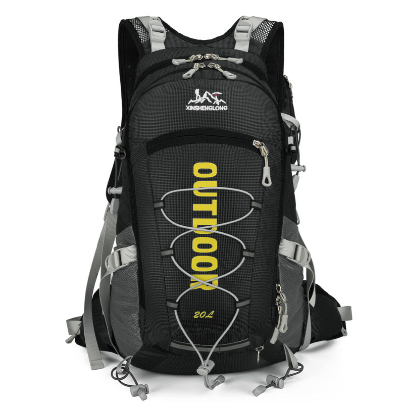 Feldacks black and gray backpack labeled outdoor with multiple compartments, the best backpack for outdoor sports