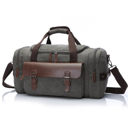Feldacks CanvasFlex duffel bag in gray with brown leather straps and multiple zippered compartments