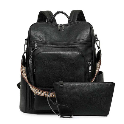 Feldacks black contrast color fashion backpack with front zipper pockets and a matching pouch