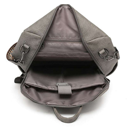 Feldacks contrast color fashion backpack open view showing multiple compartments and grey interior lining