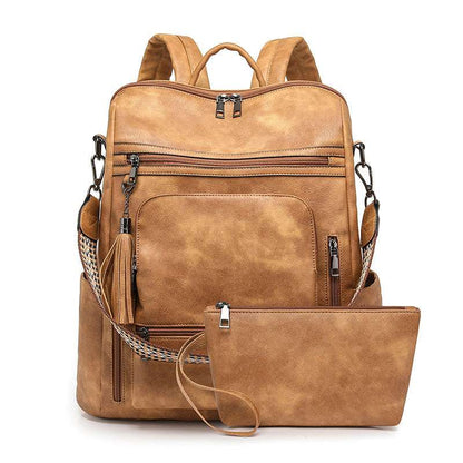 Feldacks tan contrast color fashion backpack with multiple zippered pockets and matching pouch