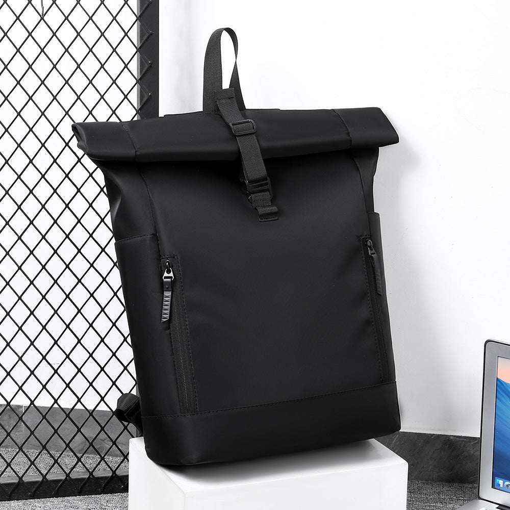 Feldacks durable everyday laptop bag in black roll-top backpack design with front zipper pockets