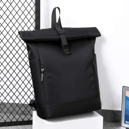 Feldacks durable everyday laptop bag in black roll-top backpack design with front zipper pockets