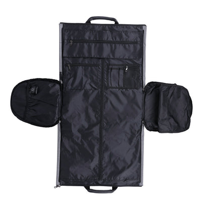 Feldacks foldable duffel bag for travel in black with multiple zippered compartments and handles