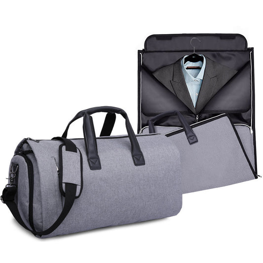 Feldacks foldable duffel bag for travel in gray with garment compartment and shoulder strap
