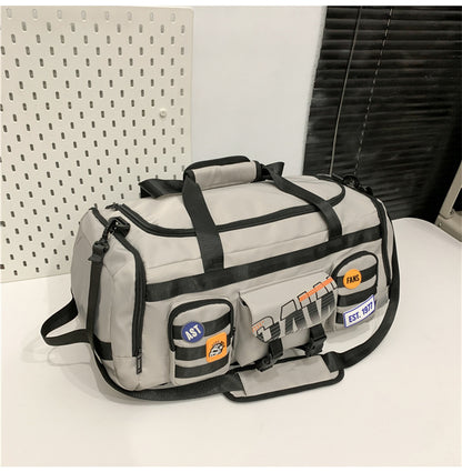 Feldacks outdoor sports fitness duffel bag in beige with black straps and multiple pockets