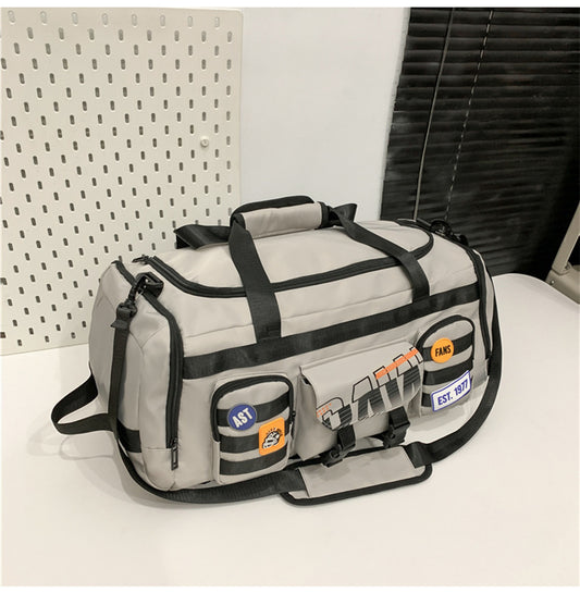 Feldacks outdoor sports fitness duffel bag in gray with black straps and multiple pockets